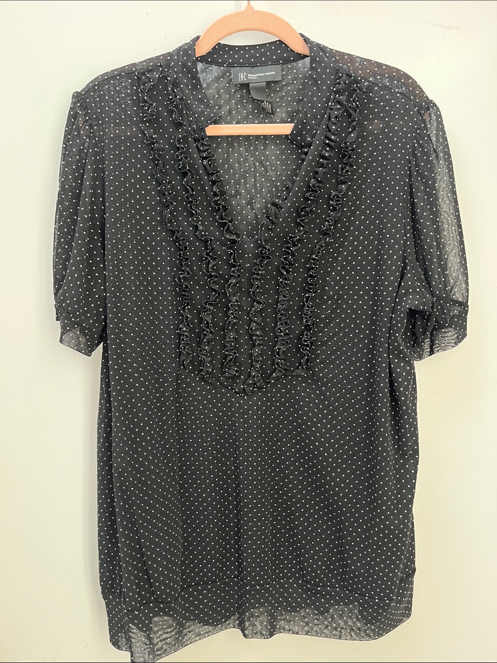 INC International Concepts Black Polka Dot Ruffle V-Neck Blouse, Size 1X